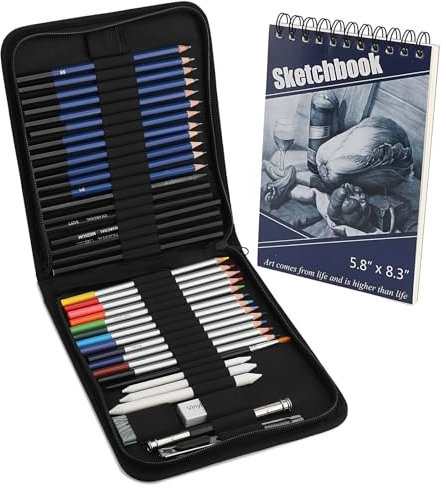 Kit Dessin Professionnel, ensemble de 41 crayons à dessin et à croquis avec bloc à dessin, graphite, fusain et crayons de couleur | Fournitures artistiques professionnelles pour adultes et enfants