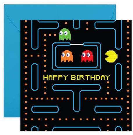 Retro-Gaming-Geburtstagskarte – lustiges verpixeltes Arcade-Design – Geschenke für Gamer, Jungen, Kinder, BFF, Neffe, Sohn, Freund, Freunde oder Nachbarn – Pac-Man – perfekt für Geburtstage