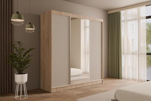 ALTDECOR Kleiderschrank mit Spiegel und Schiebetüren, Garderobenschrank mit viel Stauraum, Schwebetürenschrank, Schrank mit Geriffelten Fronten V2-PRESTIG 215x200 cm Sonoma Eiche/Weiß