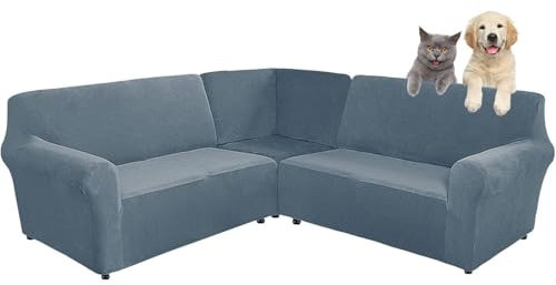 3-teilige Corner Couch Abdeckung, Sofabezug L Form Stretch Sofabezug aus Samt für 5/7 Sitzer Ecksofa, Anti Rutsch Sofa Überzug L Form Dicker weicher waschbarer Möbelschutz (Gray Blue,5-seater)
