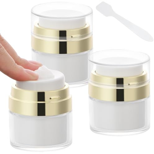 Segbeauty Pack of 3 Travel Jars for Creams, 0.5oz Small Airless Pump Jars 15ml Refillable Travel Bottles Empty Lotion Container,Glass Travel Jars for Toiletries Gold Moisturizer Container