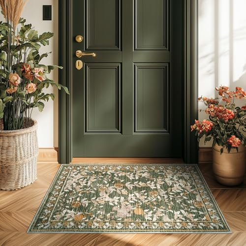 TOPICK Floral Doormat 60x90cm Entryway Vintage Washable Indoor Accent Rug Lightweight Soft Small Non-Slip Low Pile Distressed Orange Green Carpet for Entrance Kitchen Bedroom Bathroom