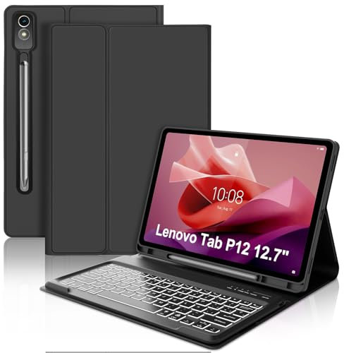 FOGARI Teclado Lenovo Tab P12 12.7 2023, Funda Teclado para Lenovo Tab P12 12.7 2023 | Español Ñ Teclado Bluetooth Retroiluminado Desmontable para Lenovo Tab P12 12.7 TB-370FU, Negro