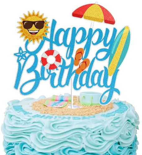 Kuchen Topper Geburtstag, Strand Happy Birthday Tortenaufsatz, Glitter Sommer Pool Schwimmen Surf Kuchen Topper, Pool Strand Cake Topper, für Sommer Urlaub Strand Pool Party Dekoration Zubehör (A)