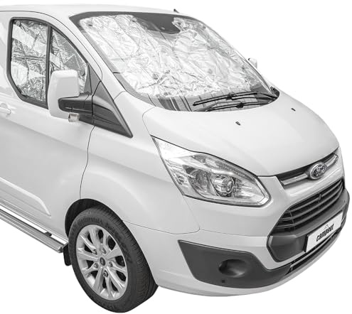 Campout Thermomatten Set für Ford Transit Custom ab 2013 - Sonnenschutz - Frontscheibenabdeckung - Isolierende Fensterfolie - Auto Frontscheibe - Inkl. Befestigungssauger - 3 Stück