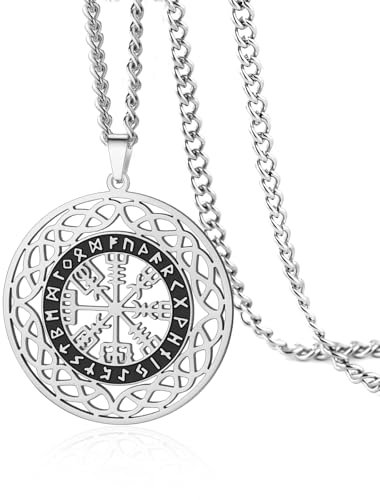 VASSAGO Collana vichinga norrena, unisex, in acciaio inox, con ciondolo a forma di bussola con rune vichinghe, gioiello con sacchetto regalo, Adjustable, Acciaio inossidabile, Nessuna pietra preziosa