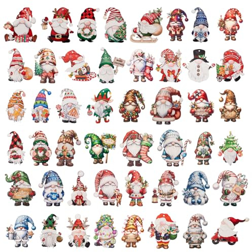 Rebanky 48 Stück Weihnachtsanhänger Wichtel Weihnachtsbaumschmuck Holz deko Anhänger Weihnachten Zwerg Weihnachtsanhänger Holz Bunt mit Schnur für Wohnzimmer Weihnachtsbaum, Fenster