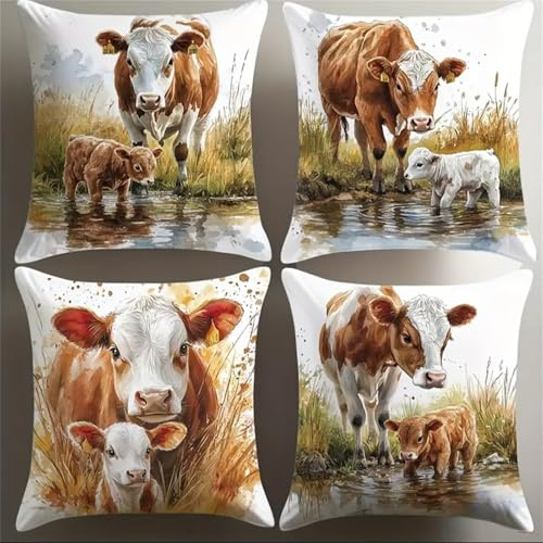 Jinmer 4er Set Kuh am Seeufer Kissenbezug,Weich Zierkissenbezug 40x40 cm Braunes Tier Samt Kissenhülle mit Unsichtbarer Reißverschluss Kissenbezüge für Schlafzimmer, Sofa, Stuhl, Bett, Garten