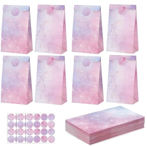 woric 36 Stück Geschenktüten Kindergeburtstag, 24x13x8cm Geburtstagstüten | Papiertüten Rosa mit 48 Aufkleber Partytüten Kindergeburtstag Mitgebsel Hochzeit Geburtstag Einschulung Mädchen