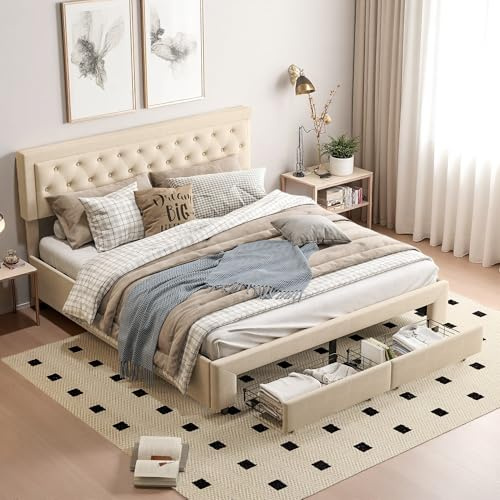 Zorvani Boxspringbett 160x200cm mit Bettkasten, Polsterbett Doppelbett, Hydraulisch Bett mit Stauraum & Schubladen, Stauraumbett Bettgestell & Lattenrost, Jugendbett Rückenlehne Bett, Samt (Beige)