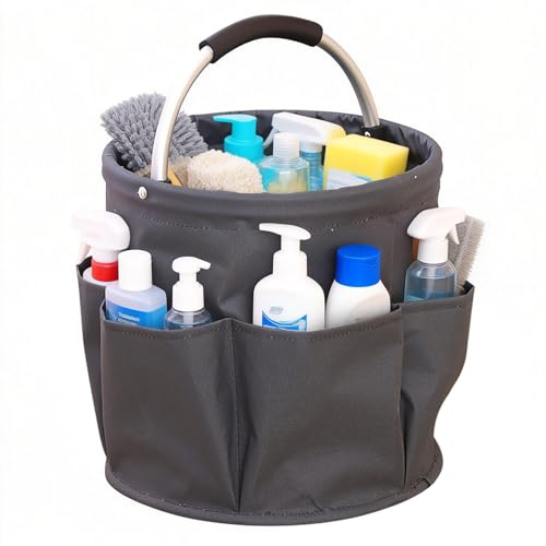 BAOWUABJ Foldable Cleaning Caddy with Handle 17L Cleaning Bag, Grey | Cleaning Products Organiser, Multi Pocket Cleaning Caddy Bag for Home, Kitchen, Bathroom, Office, Easy to Clean and Carry
