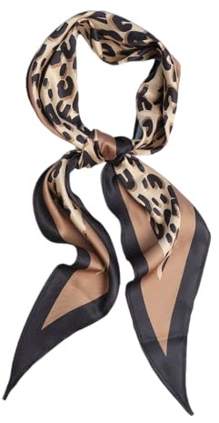 GIMIRO Seidenschal mit Leopardenmuster, Rautenschal, Polyester Kunstseide, Schwarz und Beige, 120 cm x 36 cm (Brown Beige Black Leopard)