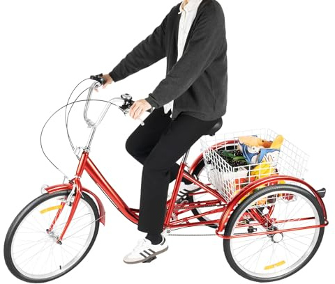 AOAPUMM 24 Zoll Citybike 6 Gänge, Hochkohlenstoffstahl Fahrrad mit Korb, TIG-Schweißen max. 120kg Belastung verstellbar für Außenbereich mit/ohne LED-Licht (Rot mit Leuchte)