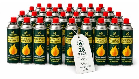 Green Haven Butane Gas Canisters 28 Pack 227g | EN417 Camping Gas Cartridge for Camping Stove, BBQ, Blowtorch, Heater & Weed Burner | Portable Gas Bottle for Outdoor Use