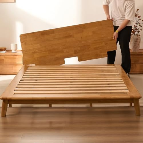 FLEXISPOT Lit Bois Massif 160x200 cm en Bois d'Hévéa Naturel, Montage sans Outils, sans Formaldéhyde, Tête de Lit avec Étagère, Lit Double Design Japandi Hako G1