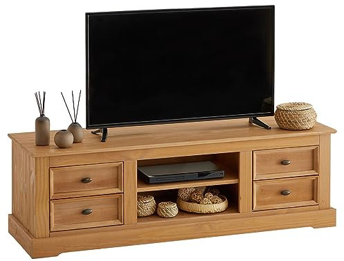 IDIMEX Meuble TV Kent Banc télévision en pin Massif Finition cirée 144 x 46 x 45 cm, avec 4 tiroirs et 2 niches