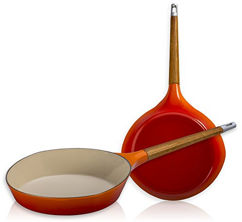 Le Creuset Raymond Loewy Flame Enameled Cast Iron 11 Inch Skillet with Wooden Handle