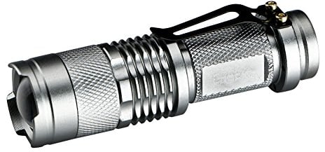 EBILUN Mini Flashlight Torch LED Q5 1000 Lumens Bright Adjustable Zoom Focus AA or 14500 Battery(Not Included) for Camping Hiking Hunting Backpacking Fishing Silver