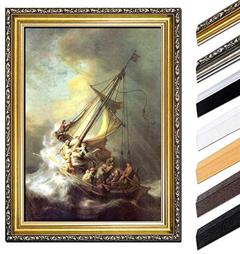 Bilderdepot24 Bild mit Rahmen - Rembrandt Christus im Sturm auf dem See von Galilea 85x110 cm - Gerahmtes Leinwandbild Alte Meister - Antiker Rahmen Gold Barock, Klassisch