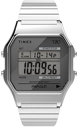 Timex T80 Unisex-Armbanduhr, 34 mm, dehnbares Edelstahlarmband, digitales Zifferblatt, silberfarbenes Gehäuse TW2R79100