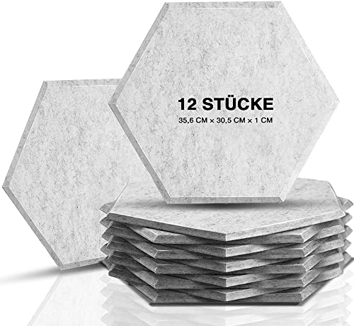 12 Pack Set Hexagon Acoustic Panels, 12'' X 14'' X 0.4'' Light grey Color Bevled Edge Tiles Soundproofing Panels, Great for Wall Decoration and Acoustic Treatment