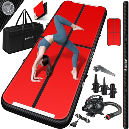 KESSER® Turnmatte Aufblasbar Airtrack Fitness-Matte Gymnastikmatte | inkl. Tragetasche & elektr. Luftpumpe | Yogamatte, Tumbling Matten, Trainingsmatte (Schwarz-Rot-Carbon, 400 x 100 x 10 cm)