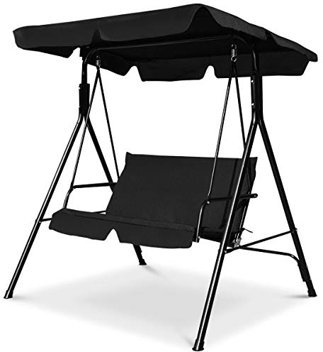 RELAX4LIFE Hollywoodschaukel, Schaukelbank mit verstellbarem Sonnendach, Gartenschaukel für 2 Personen, Gartenbank mit robustem Metallrahmen & bequemer Sitzfläche, bis 180 kg belastbar (Schwarz)