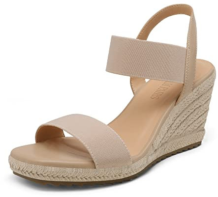 DREAM PAIRS Alpargatas Cuña Mujer de 8cm Sandalias Mujer Zapatos de Tacón Comodos Cordones Elasticas de Tobillo Verano,Size 36.5,Desnudo,SDPW222W