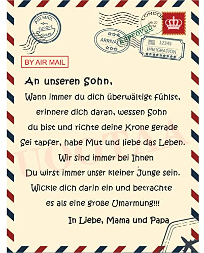 Kuscheldecke Flauschige, Flanelldecke Microfaser Decke An Unsere Sohn von Eltern, Personalisierte Luftpost Brief Decke Weich Plüsch Decke für Zuhause, Reise, Sofa, Stuhl