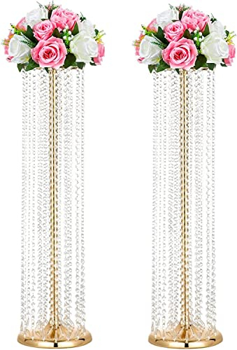 LANLONG 2Pcs Luxurious Crystal Flower Stand Wedding Centerpieces on Floor Tall Metal Flower Arrangement Stand Tabletop Flower Vase for Wedding Party Hotel Home Decor