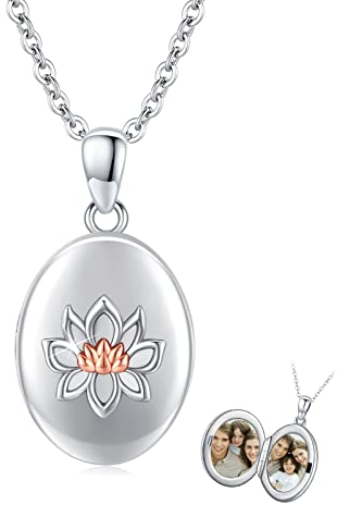 Medaillon Kette 925 Sterling Silber Ovale Lotusblume Halskette Vintage Amulett Medaillon zum Öffnen für 2 Bilder Oval Lotusblüte Schmuck Anhänger Geschenke für Freundin Frau Mutter