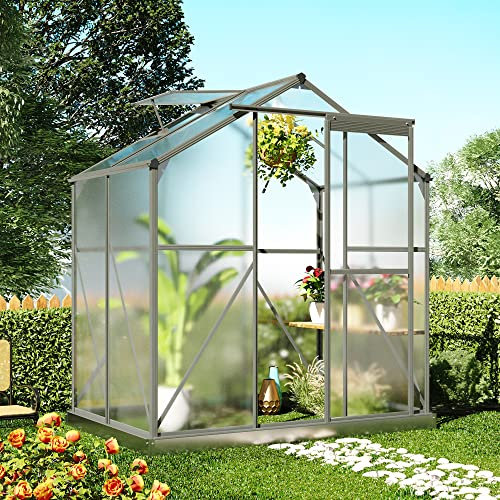 Topchances Serre de jardin en aluminium 4 saisons chalet en polycarbonate avec fond de teint et fenêtre pour semis, plantes et plantes en extérieur (1,2 x 1,8 m, gris)