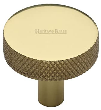 HERITAGE BRASS Cabinet Knob | Luxury Knurled Disc Design Drawer Knob | Handle for Cupboard Doors, Wardrobes and Furniture - Polished Brass Finish, 32 Millimetre
