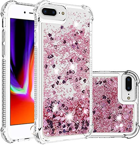 IMEIKONST Compatible with iPhone 8 Plus / 7 Plus Glitter Case, Liquid Sparkle Quicksand Clear Transparent Sequin Slim TPU Bumper Silicone Shockproof Cover for iPhone 6S Plus / 6 Plus. Love Rose YBW