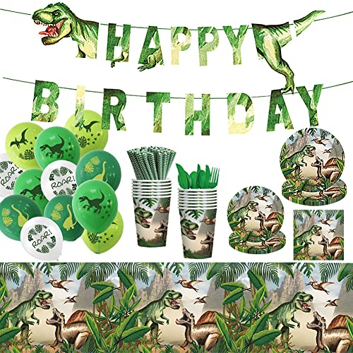 Geliking 94 Pcs Jurassic Dinosaur Party Supplies - Plates, Cups, Napkins, Banners for Kids Birthday Party