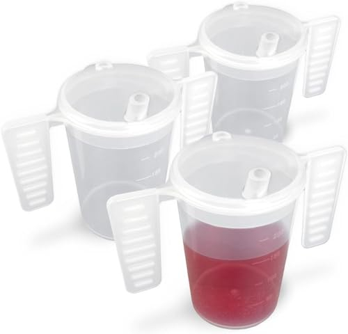 Wing Handled Beaker with Drinking Lid - Pack of 3 | Adult Beakers for Elderly Dementia Cup Adult Drinking Cup for Elderly Two Handled Drinking Cup Small Spouted Drinking Lid