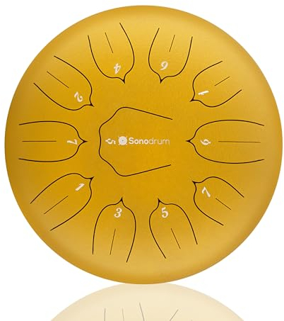 Sonodrum Zungentrommel Standard D - Dur in Gold - 30 cm groß mit 11 Tönen - Steel Tongue Drum inkl. Liederbuch, Schlägel, Fingersticks und Tragetasche - Notenlesen nicht nötig, einfach zu spielen.