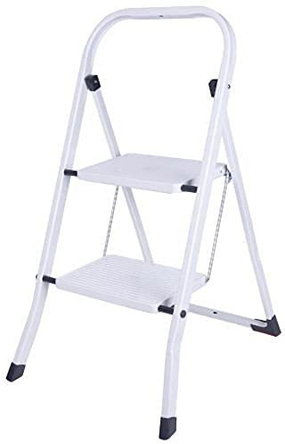 PROREGAL Small Giraffe Einseitige Metall-Klappleiter | 2 Stufen | HxBxT 81x46x56cm | Weiß |120kg Tragkraft | Leiter, Trittleiter, Stufenleiter, Haushaltsleiter