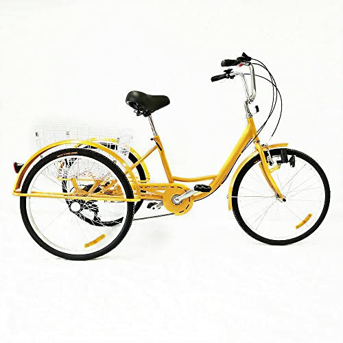 Dreirad Erwachsene, 24 Zoll 3 Rad Fahrrad für Erwachsene, Shimano 6 Gang Cruise Trike Cargo Bike mit Korb, Radsport Fahrrad für Outdoor Sport Einkaufen (Gelb)