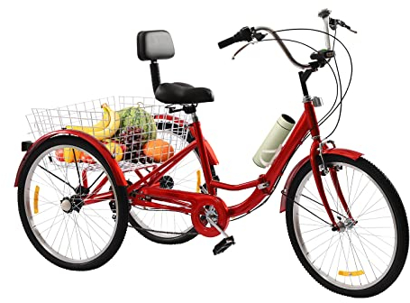 RainWeel Dreirad für Erwachsene 24 Zoll Faltbares Dreirad Lastenfahrrad Faltrad 7-Gang Tricycle mit Einkaufskorb,Becherhalter und Licht (Rot)