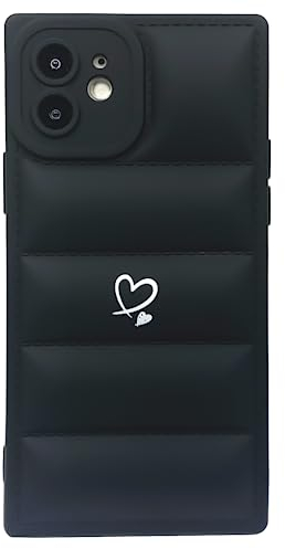 Puffer Handyhülle für iPhone 11, quadratischer Rand mit trendigem, niedlichem, weißem Herz – The North Puffy Down Jacket Face Stoßfeste Kamera – Elegantes und luxuriöses Design für Apple-Hüllen für