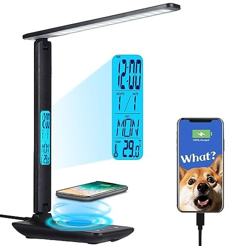 wanjiaone Multifunktionale LED-Schreibtischlampe mit kabellosem Ladegerät, USB-Ladeanschluss, Uhr, Handyhalterung, Schreibtischlampen für Zuhause, Büro, augenschonende Leselampe, Lernlampe für Jungen,