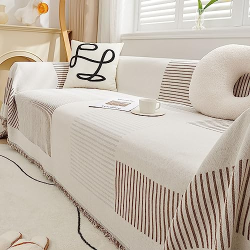 Mesnt Sofabezug Recamiere, Chenille Sofaüberwurf Decke Couch mit Streifen mit Quasten Hellbraun, 180x280CM