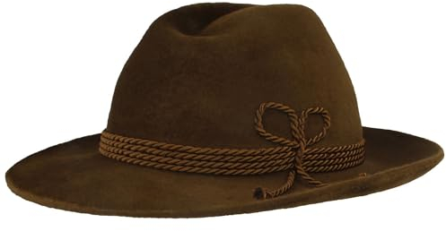Breiter Herren Velour TrachtenHut FilzHut Herrenhut Werdenfelser – Hut Handgemacht 100% Haarfilz mit Kordel-Garnitur & Echtleder Schweißband - Krempe 7,5 cm Trendbraun 61