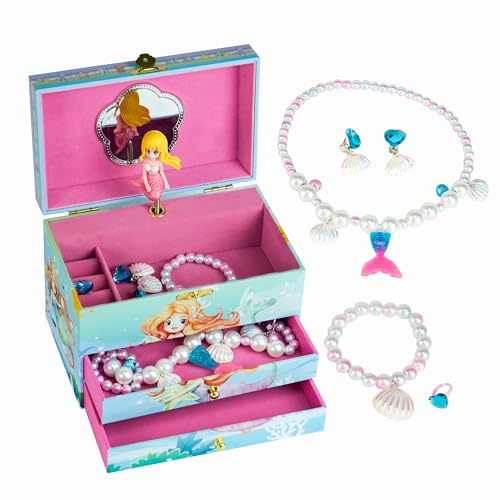 AdelDream Spieluhr Schmuck Schmuckkästchen (5 Schmucksets) Box kleines Mädchen Schmuck Box Tochter und Lady Freund Geschenk Geburtstagsgeschenk (Drei Schichten Meerjungfrau grün)
