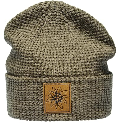 (A) Organic Cotton Strickmütze: Edelweiß mit Leder Patch - Bio Baumwolle Beanie Wintermütze für Herren & Damen - Berg-steigen Klettern Bouldern Sport Wandern Jäger Jagd Jägermütze (One Size - Grün)