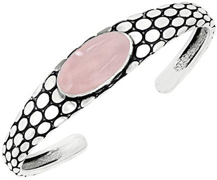 Natural Rose Quartz Cuff Bangle Bracelet for Men Women – Handmade 925 Silver Plated Adjustable Boho Jewelry – Pink Gemstone January Birthstone Statement Bangle – Gift for Him Her