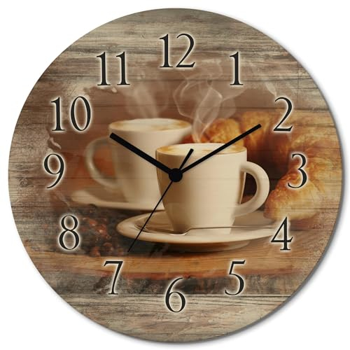 ARTLAND Wanddeko Wanduhr Holz Quarzuhr ohne Tickgeräusche lautlos rund Ø 30 cm Küchenuhr Kaffee Cappuccino Croissant T5XO