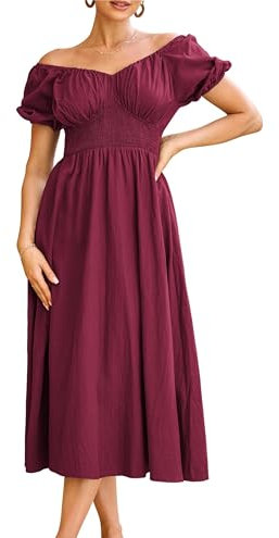 Short Sleeve Midi Wine Red Dresses for Ladies A-Line Puff Sleeve Smock Ruched Flowy High Waist Swing Plus Size Maternity Dress XXL