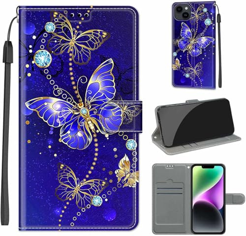 TOMYOU PU Leather Wallet Case for iPhone 15, Blue Butterfly | Pouch Design, Book Flip Folio, Magnet Closure, Kickstand, Card Slots, Wrist Strap Lanyard, Pattern Style